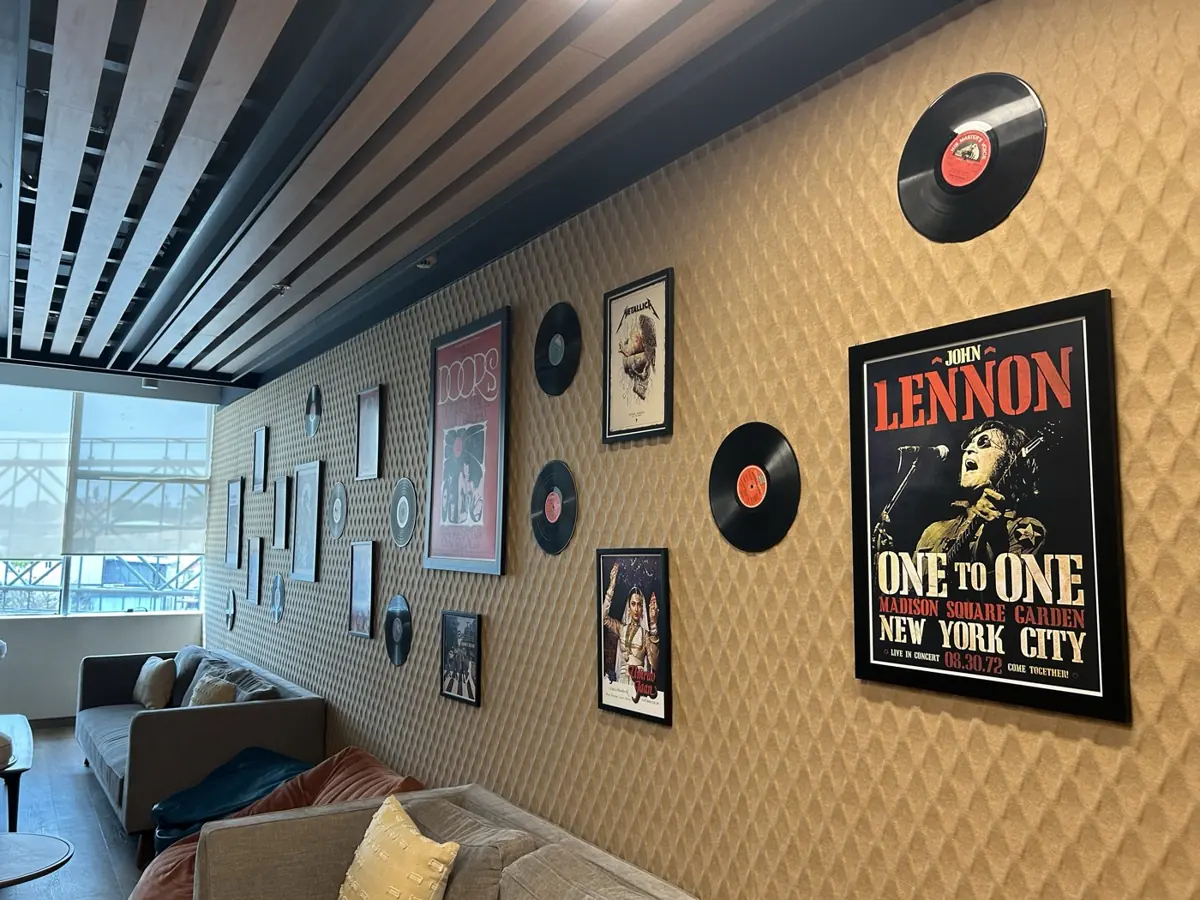 Music-themed lounge with records on the wall