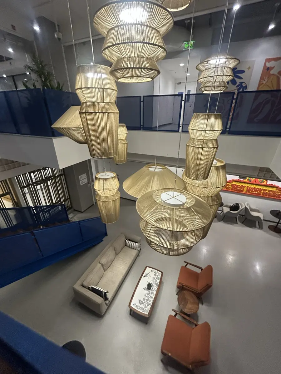 Office atrium with woven lamps